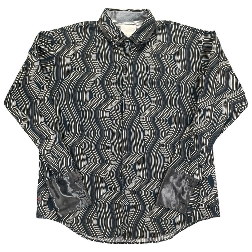 COOGI Vintage Y2K Shirt XXL Navy Cream Wave Stripe 100% Cotton Long Sleeve